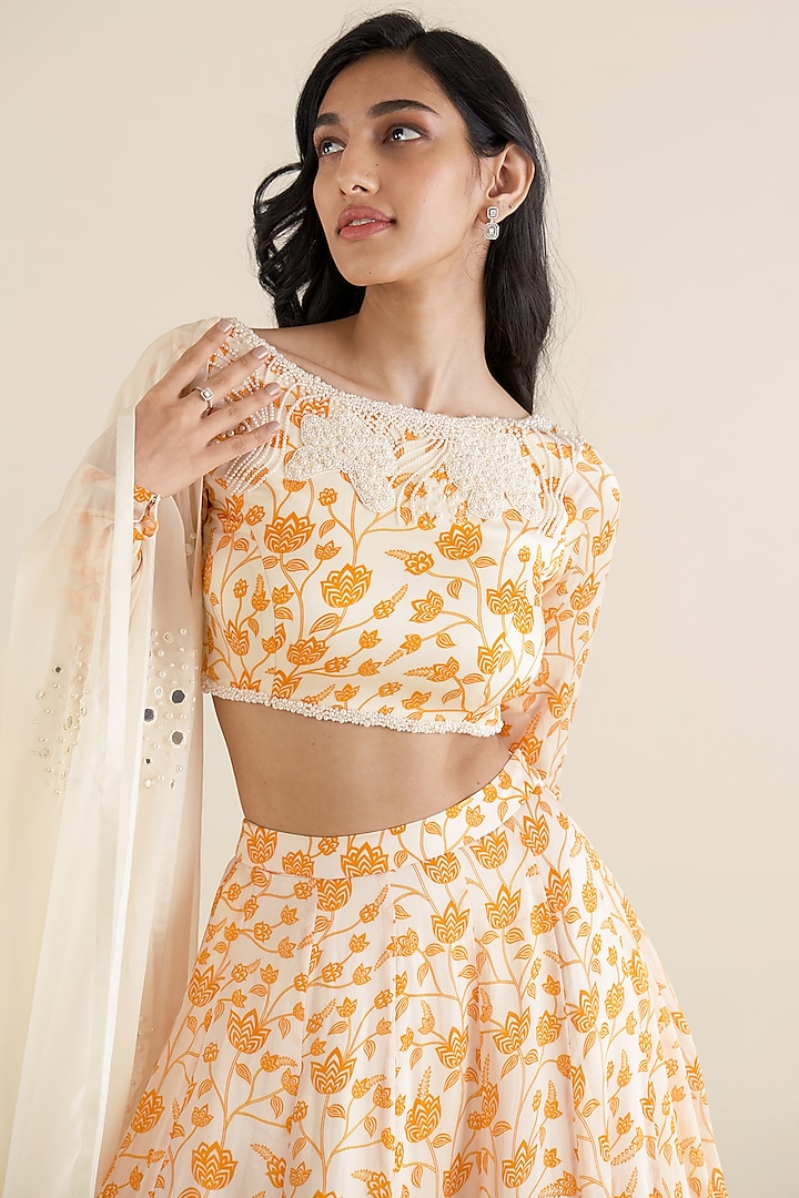White Organza Satin Floral Printed Lehenga Set by Essay by Sumedha Agrawal at Pernia's Pop Up Shop