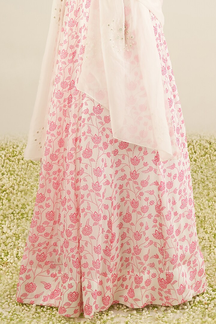 White & Pink Organza Satin Floral Printed Lehenga Set by Essay by Sumedha Agrawal at Pernia's Pop Up Shop