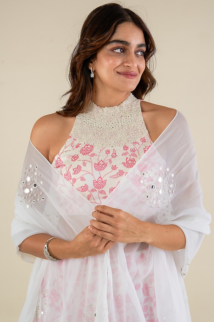 White & Pink Organza Satin Floral Printed Lehenga Set by Essay by Sumedha Agrawal at Pernia's Pop Up Shop