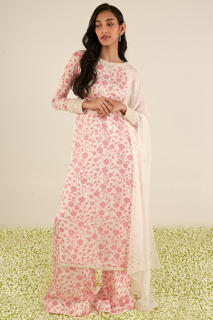 White & Pink Organza Satin Floral Printed Kurta set by Essay by Sumedha Agrawal