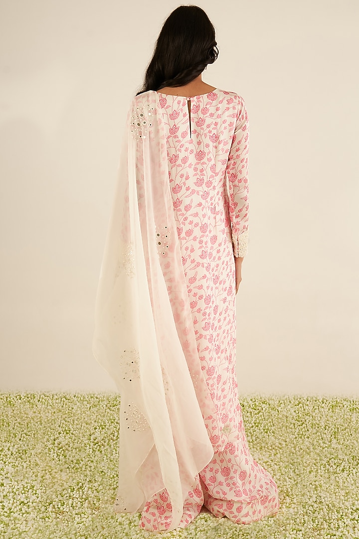 White & Pink Organza Satin Floral Printed Kurta set by Essay by Sumedha Agrawal at Pernia's Pop Up Shop