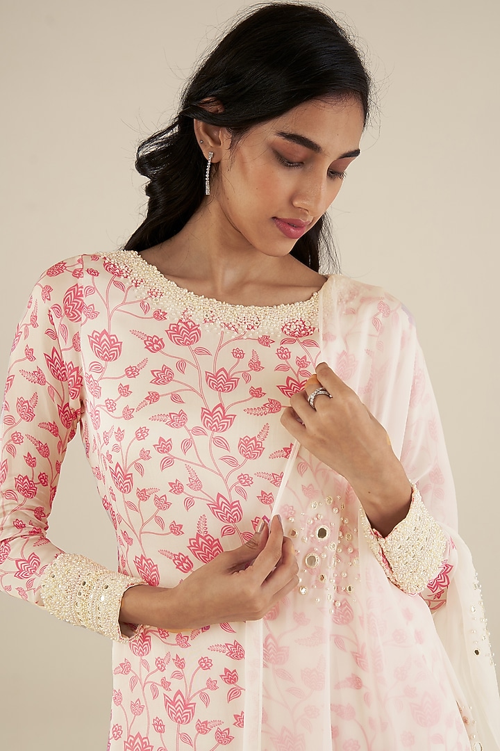 White & Pink Organza Satin Floral Printed Kurta set by Essay by Sumedha Agrawal at Pernia's Pop Up Shop
