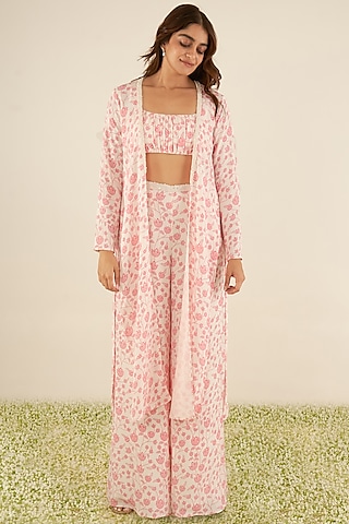 White & Pink Double Georgette Floral Printed Cape Set by Essay by Sumedha Agrawal