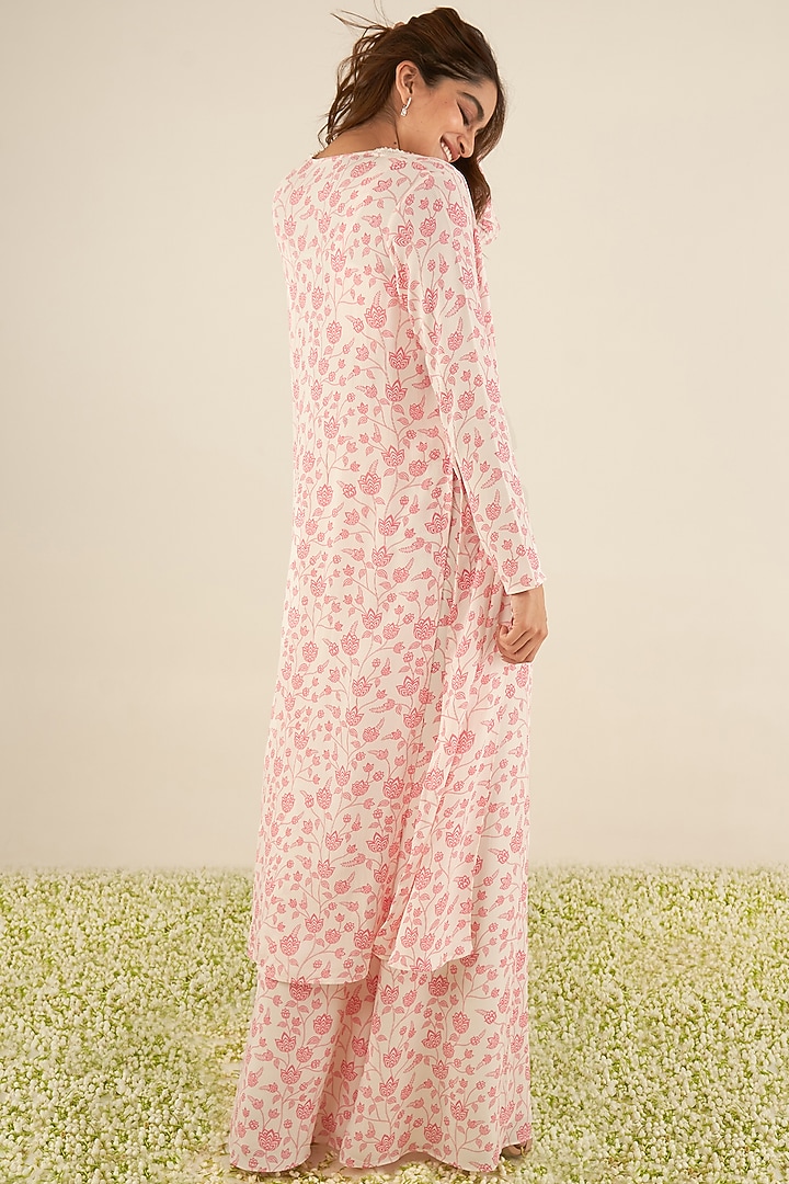 White & Pink Double Georgette Floral Printed Cape Set by Essay by Sumedha Agrawal at Pernia's Pop Up Shop