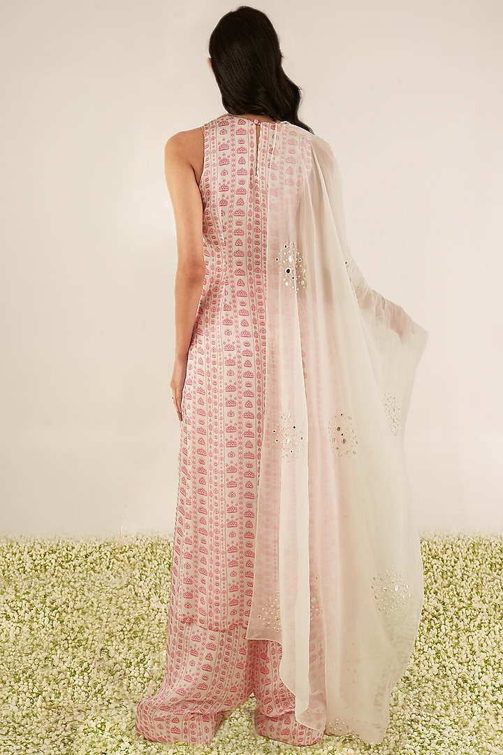 White Organza Satin Hand Embroidered & Floral Printed Striped Kurta Set by Essay by Sumedha Agrawal at Pernia's Pop Up Shop