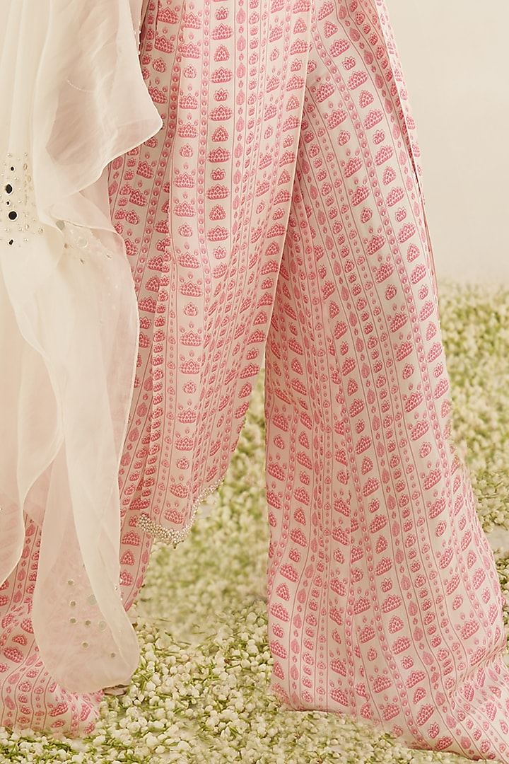 White Organza Satin Hand Embroidered & Floral Printed Striped Kurta Set by Essay by Sumedha Agrawal at Pernia's Pop Up Shop