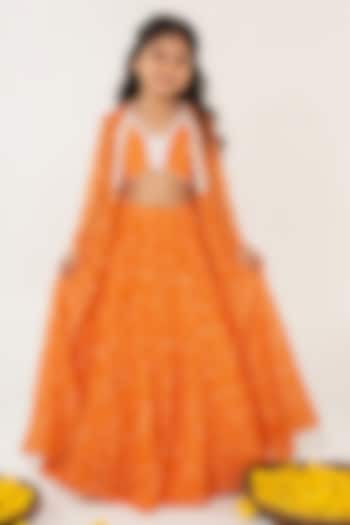 Orange Organza Floral Printed Jacket Lehenga Set For Girls by Essay by Sumedha Agarwal Kids at Pernia's Pop Up Shop