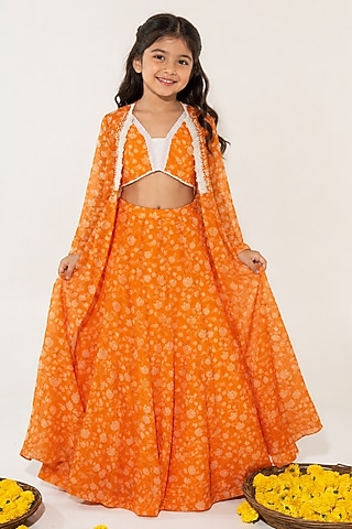 Orange Organza Floral Printed Jacket Lehenga Set For Girls by Essay by Sumedha Agarwal Kids