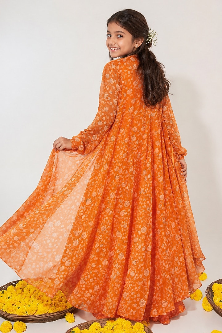 Orange Organza Floral Printed Jacket Lehenga Set For Girls by Essay by Sumedha Agarwal Kids at Pernia's Pop Up Shop