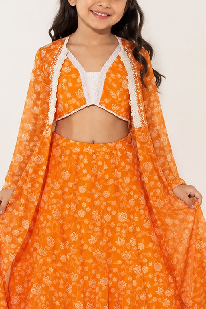 Orange Organza Floral Printed Jacket Lehenga Set For Girls by Essay by Sumedha Agarwal Kids at Pernia's Pop Up Shop