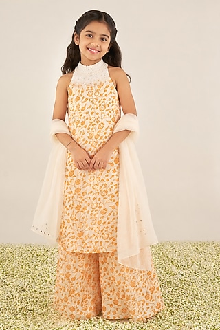 Ivory Organza Satin Floral Printed Kurta Set For Girls by Essay by Sumedha Agarwal Kids