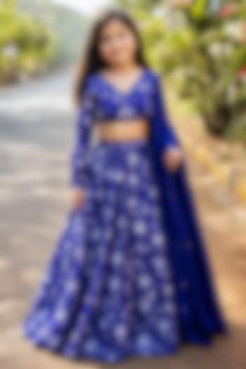 Blue Organza Satin Floral Printed Lehenga Set For Girls by Essay by Sumedha Agarwal Kids at Pernia's Pop Up Shop