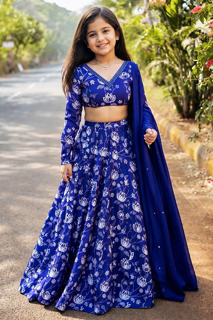 Blue Organza Satin Floral Printed Lehenga Set For Girls by Essay by Sumedha Agarwal Kids at Pernia's Pop Up Shop