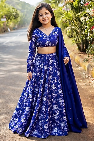 Blue Organza Satin Floral Printed Lehenga Set For Girls by Essay by Sumedha Agarwal Kids