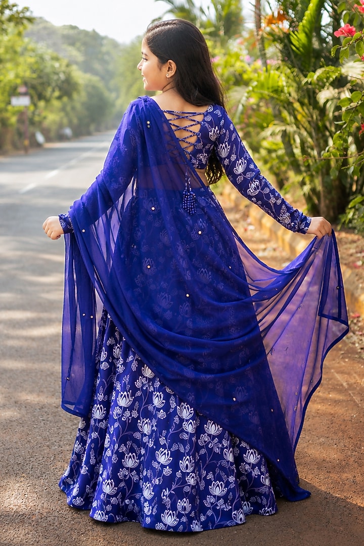 Blue Organza Satin Floral Printed Lehenga Set For Girls by Essay by Sumedha Agarwal Kids at Pernia's Pop Up Shop