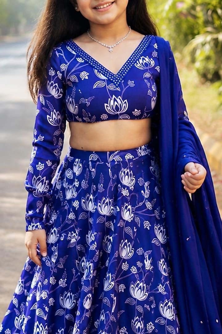 Blue Organza Satin Floral Printed Lehenga Set For Girls by Essay by Sumedha Agarwal Kids at Pernia's Pop Up Shop