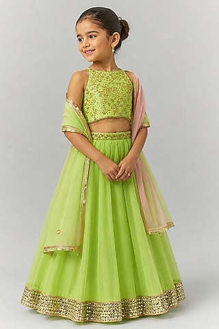 Green Organza Sequin Embroidered Lehenga Set For Girls by Essay by Sumedha Agarwal Kids