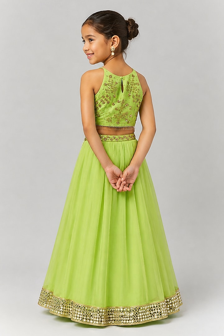 Green Organza Sequin Embroidered Lehenga Set For Girls by Essay by Sumedha Agarwal Kids at Pernia's Pop Up Shop