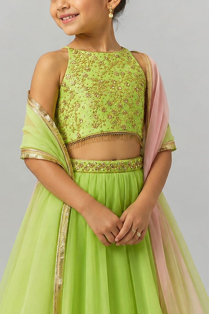 Green Organza Sequin Embroidered Lehenga Set For Girls by Essay by Sumedha Agarwal Kids at Pernia's Pop Up Shop