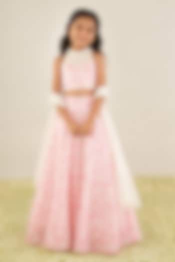 White & Pink Organza Floral Printed Lehenga Set For Girls by Essay by Sumedha Agarwal Kids at Pernia's Pop Up Shop