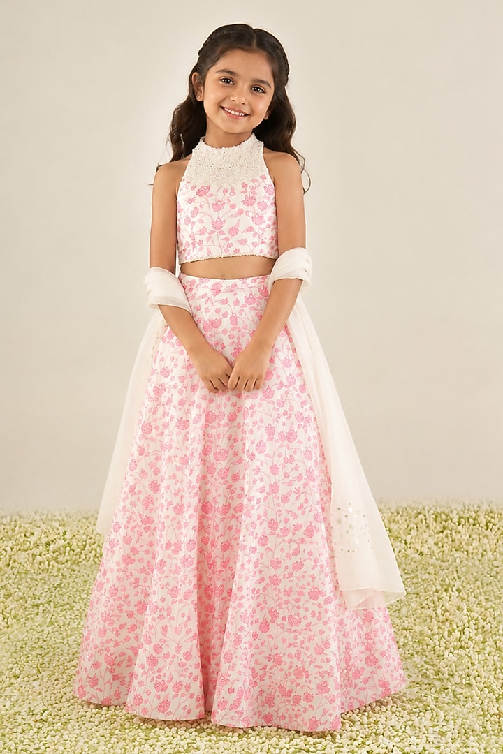 White & Pink Organza Floral Printed Lehenga Set For Girls by Essay by Sumedha Agarwal Kids at Pernia's Pop Up Shop