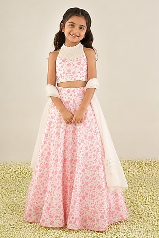 White & Pink Organza Floral Printed Lehenga Set For Girls by Essay by Sumedha Agarwal Kids
