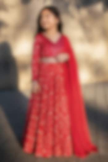Red Organza Satin Floral Printed Lehenga Set For Girls by Essay by Sumedha Agarwal Kids at Pernia's Pop Up Shop