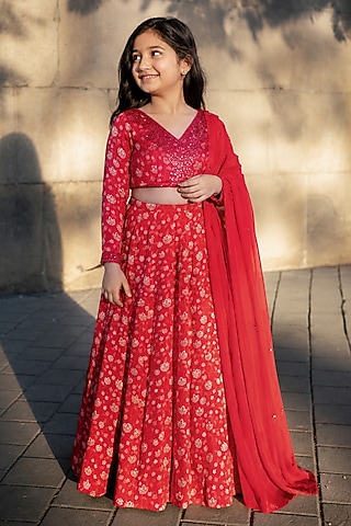 Red Organza Satin Floral Printed Lehenga Set For Girls by Essay by Sumedha Agarwal Kids