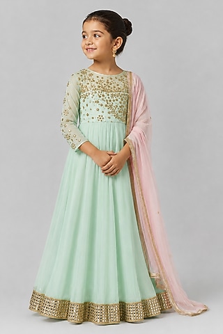 Mint Green Organza Sequin Embroidered Anarkali Set For Girls by Essay by Sumedha Agarwal Kids