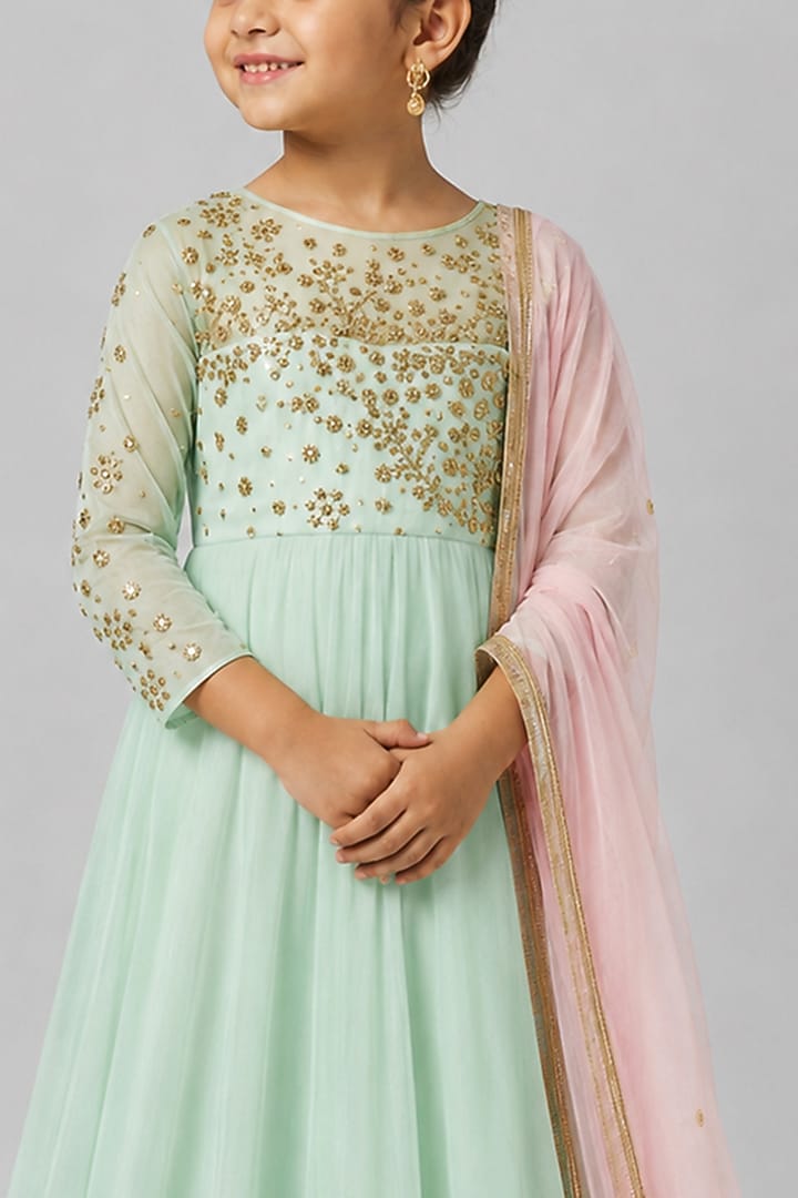 Mint Green Organza Sequin Embroidered Anarkali Set For Girls by Essay by Sumedha Agarwal Kids at Pernia's Pop Up Shop