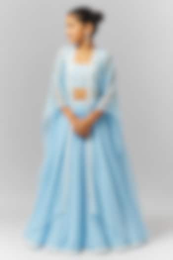 Ice Blue Organza Sequin Embroidered Jacket Lehenga Set For Girls by Essay by Sumedha Agarwal Kids at Pernia's Pop Up Shop
