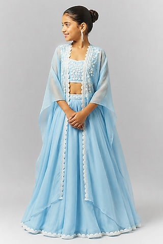 Ice Blue Organza Sequin Embroidered Jacket Lehenga Set For Girls by Essay by Sumedha Agarwal Kids