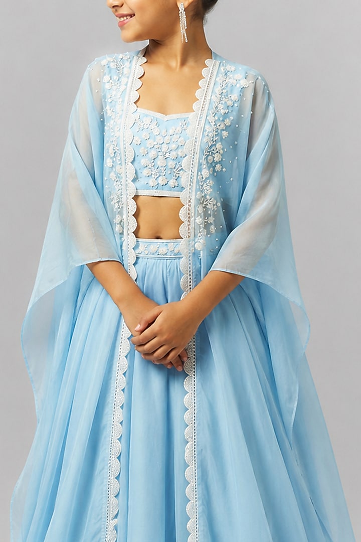 Ice Blue Organza Sequin Embroidered Jacket Lehenga Set For Girls by Essay by Sumedha Agarwal Kids at Pernia's Pop Up Shop