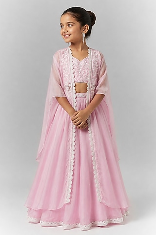 Lilac Organza Sequin Embroidered Jacket Lehenga Set For Girls by Essay by Sumedha Agarwal Kids