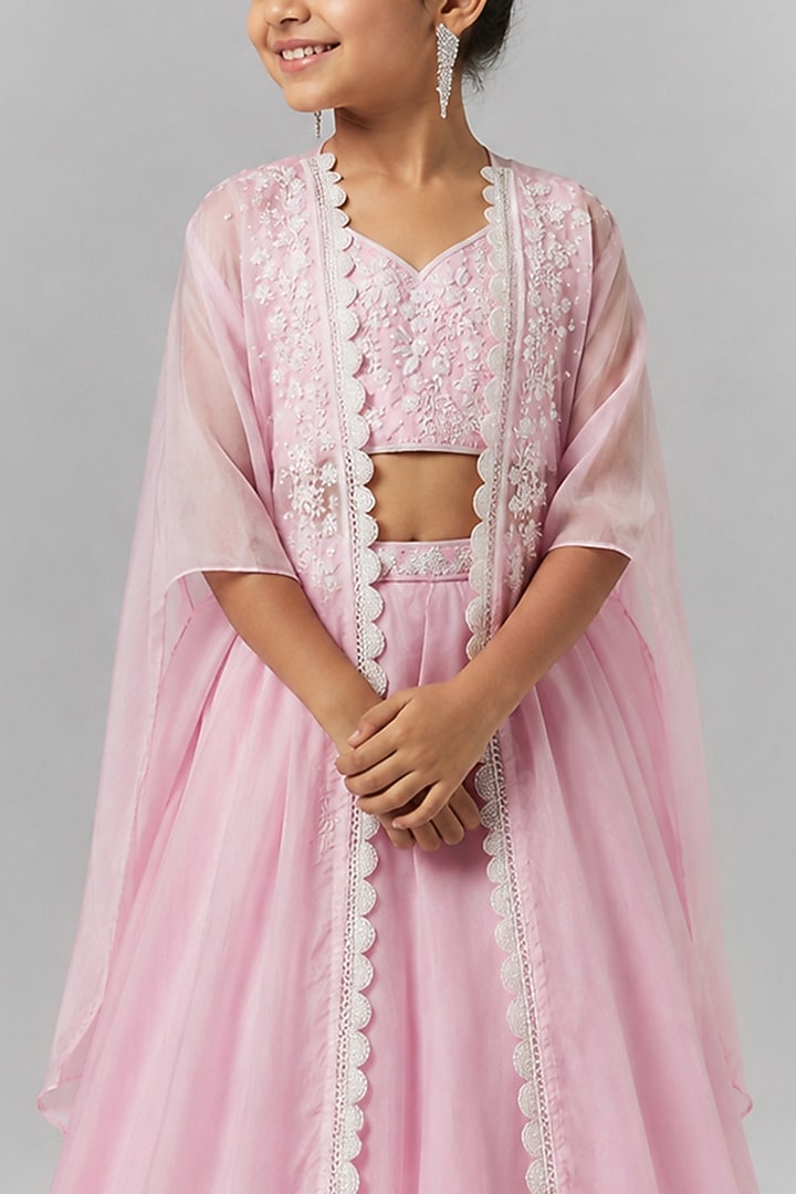 Lilac Organza Sequin Embroidered Jacket Lehenga Set For Girls by Essay by Sumedha Agarwal Kids at Pernia's Pop Up Shop