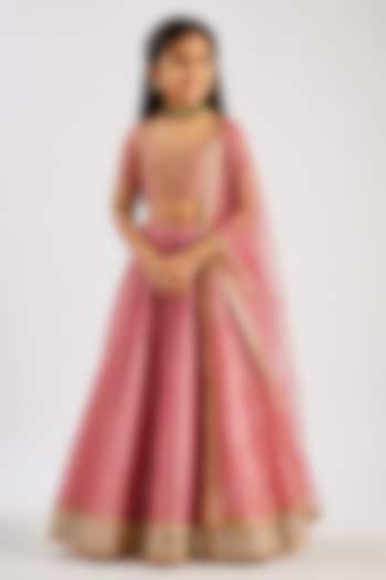 Pink Crushed Silk Hand Embroidered Lehenga Set For Girls by Essay by Sumedha Agarwal Kids at Pernia's Pop Up Shop