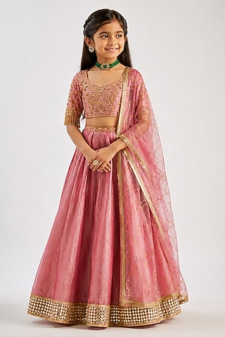 Pink Crushed Silk Hand Embroidered Lehenga Set For Girls by Essay by Sumedha Agarwal Kids