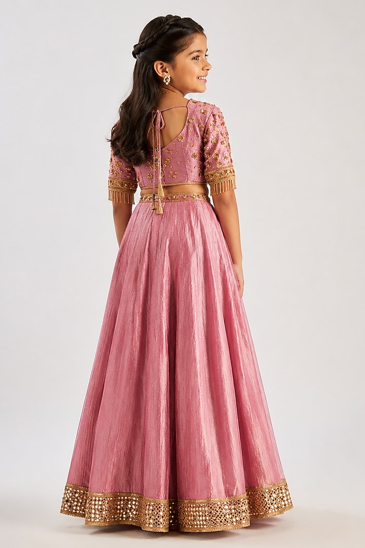 Pink Crushed Silk Hand Embroidered Lehenga Set For Girls by Essay by Sumedha Agarwal Kids at Pernia's Pop Up Shop