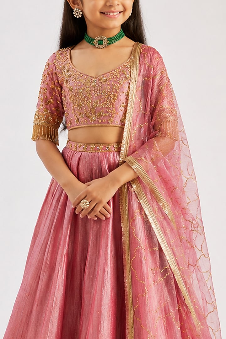 Pink Crushed Silk Hand Embroidered Lehenga Set For Girls by Essay by Sumedha Agarwal Kids at Pernia's Pop Up Shop