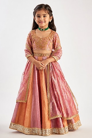 Multi-Colored Crushed Silk Hand Embroidered Lehenga Set For Girls by Essay by Sumedha Agarwal Kids