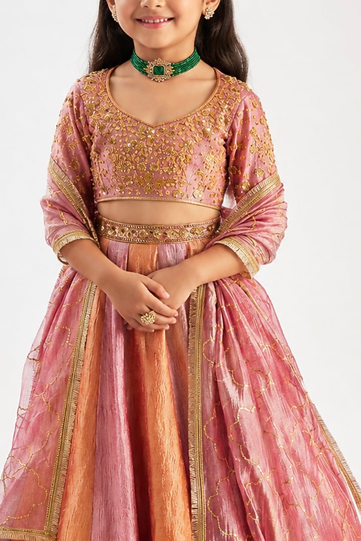 Multi-Colored Crushed Silk Hand Embroidered Lehenga Set For Girls by Essay by Sumedha Agarwal Kids at Pernia's Pop Up Shop