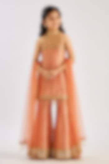 Rust Orange Crushed Silk Tissue Flared Sharara Set For Girls by Essay by Sumedha Agarwal Kids at Pernia's Pop Up Shop