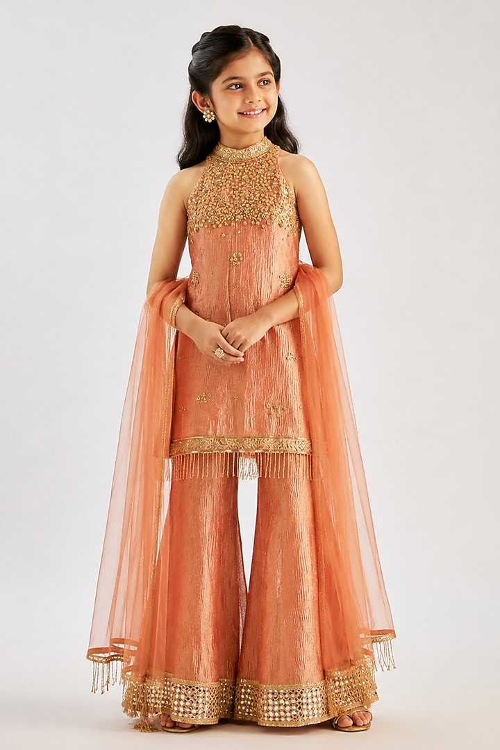 Rust Orange Crushed Silk Tissue Flared Sharara Set For Girls by Essay by Sumedha Agarwal Kids at Pernia's Pop Up Shop