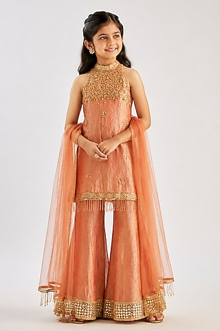 Rust Orange Crushed Silk Tissue Flared Sharara Set For Girls by Essay by Sumedha Agarwal Kids