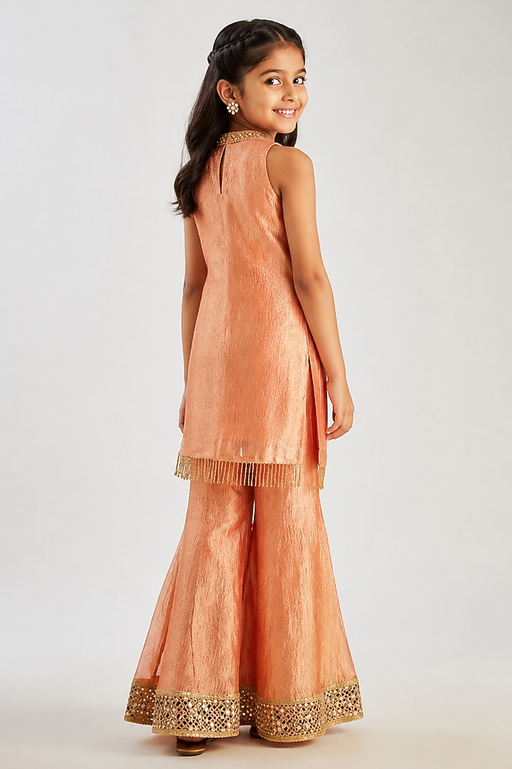 Rust Orange Crushed Silk Tissue Flared Sharara Set For Girls by Essay by Sumedha Agarwal Kids at Pernia's Pop Up Shop