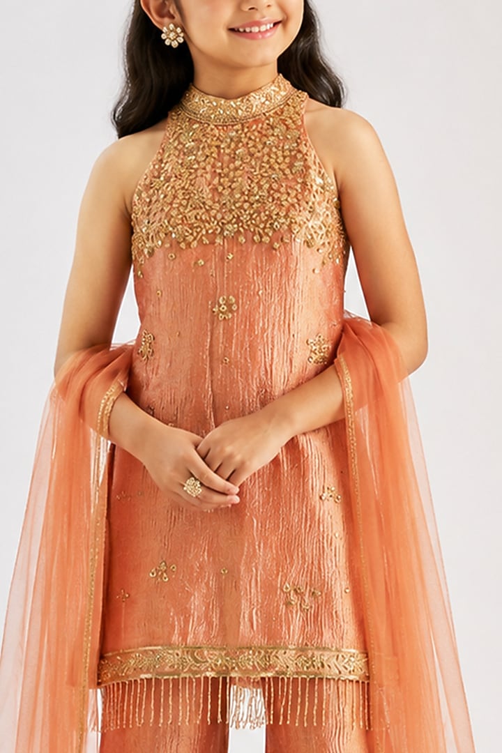 Rust Orange Crushed Silk Tissue Flared Sharara Set For Girls by Essay by Sumedha Agarwal Kids at Pernia's Pop Up Shop
