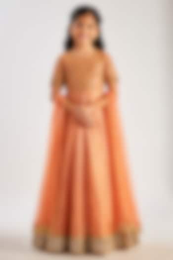 Orange & Gold Crushed Silk Tissue Hand Embroidered Anarkali Set For Girls by Essay by Sumedha Agarwal Kids at Pernia's Pop Up Shop
