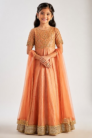 Orange & Gold Crushed Silk Tissue Hand Embroidered Anarkali Set For Girls by Essay by Sumedha Agarwal Kids