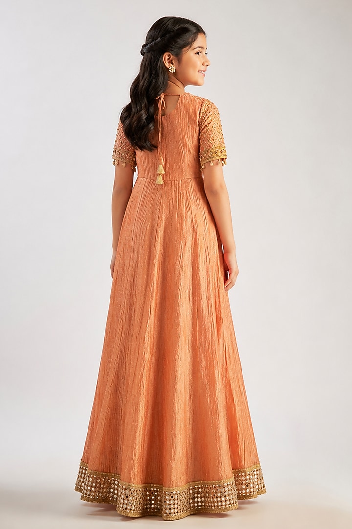 Orange & Gold Crushed Silk Tissue Hand Embroidered Anarkali Set For Girls by Essay by Sumedha Agarwal Kids at Pernia's Pop Up Shop