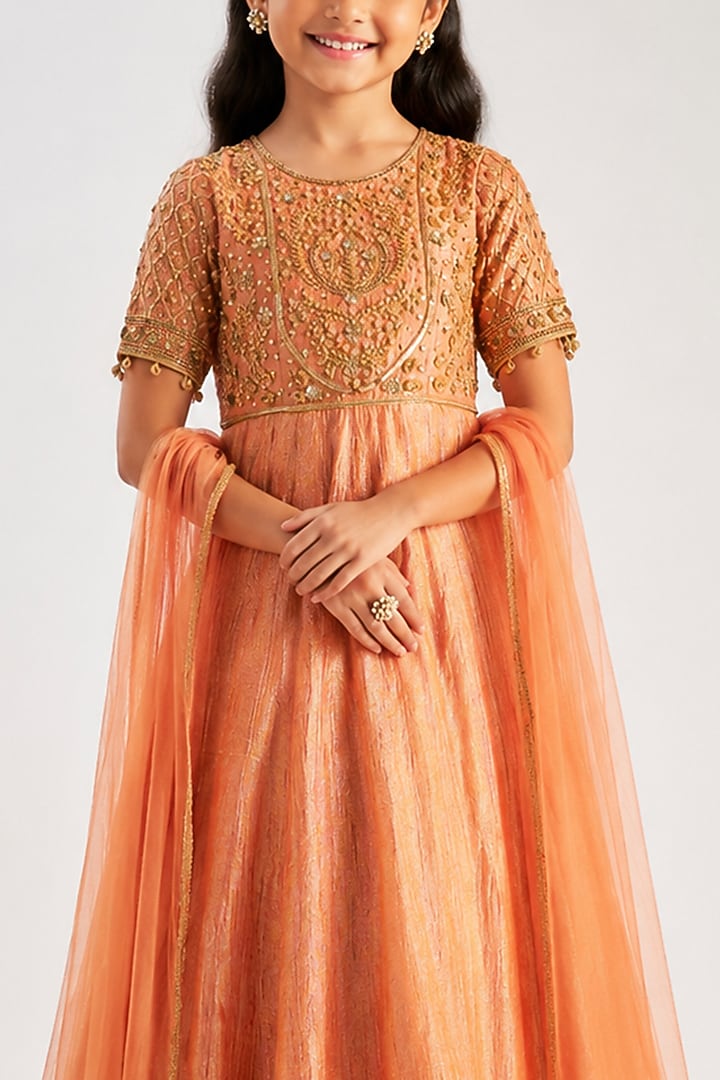 Orange & Gold Crushed Silk Tissue Hand Embroidered Anarkali Set For Girls by Essay by Sumedha Agarwal Kids at Pernia's Pop Up Shop